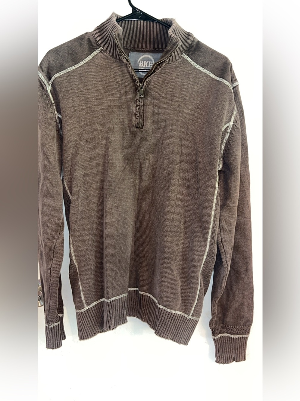 BKE Men's Brown Zip-Neck Sweater with Contrast Stitching